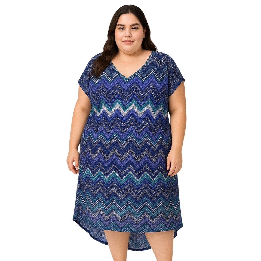 Christine Alexander 4X Blue Teal Chevron High Low Shift Dress Plus Size V Neck